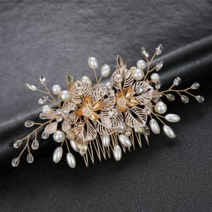 Gold-plated Openwork Floral Hair Comb with Pearls and Crystals